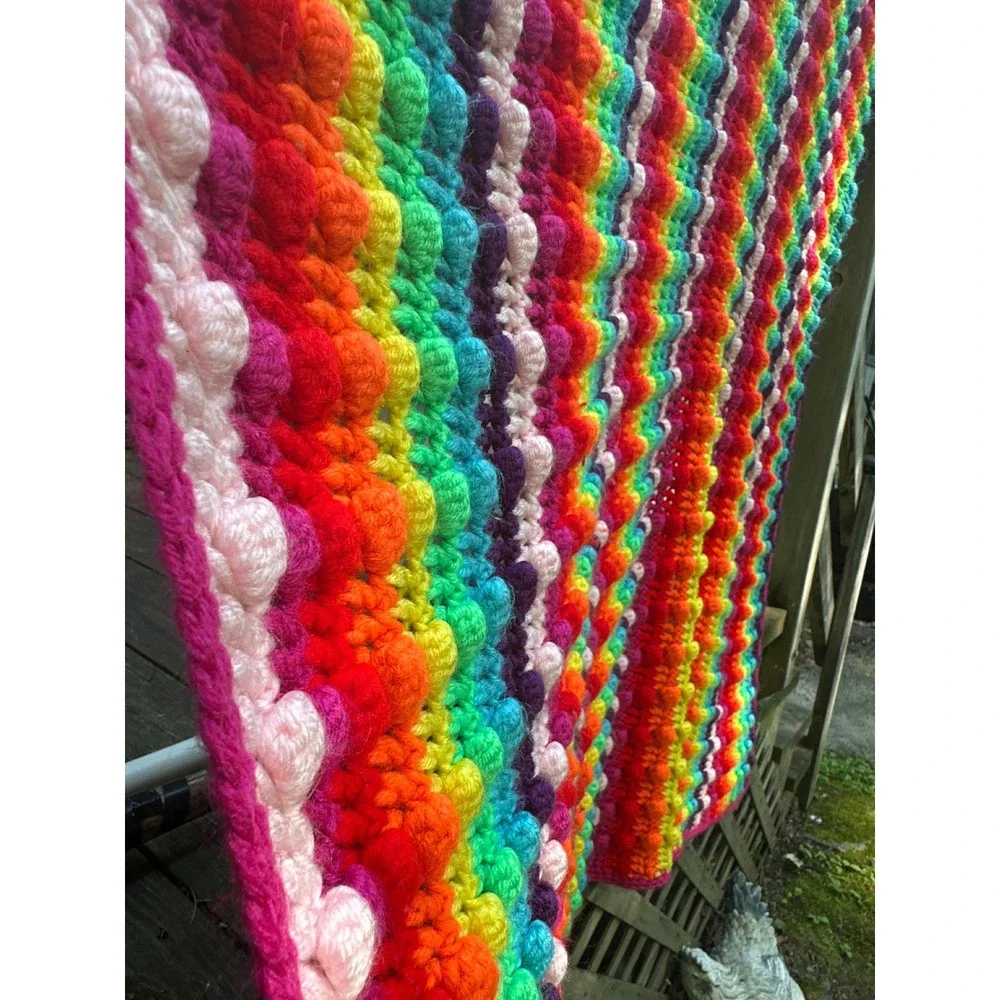 Handmade Crochet Rainbow Bobble Stitch Blanket Multi Color Striped Throw 57x44